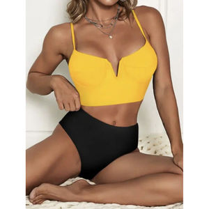 ZAFUL NWT Reversible Crisscross V Underwire Tankini Swimsuit Mustard Black M